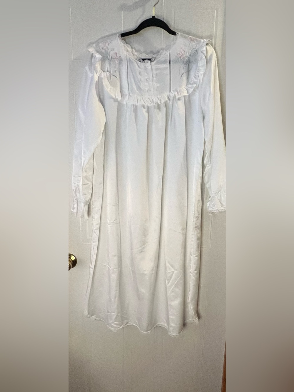 Cachet White Long Sleeve Nightgown with Pink Embroidered Yoke